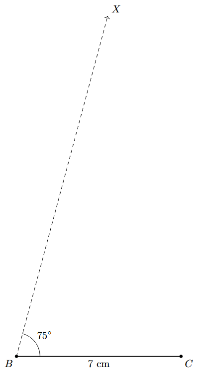 Step 2 Step 2: A ray BX is drawn at B making a 75-degree angle with BC.